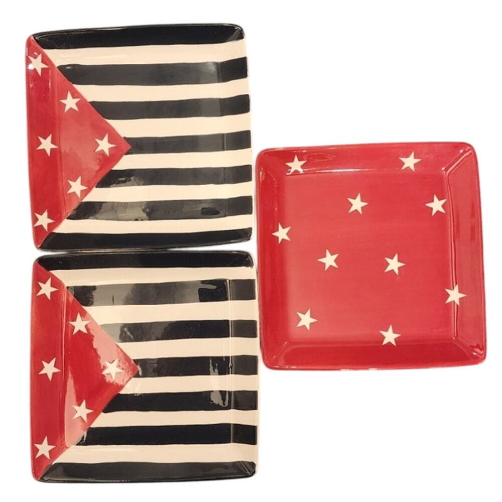 Hausenware Patriotic Plates 8.25 Inch Square Set of 3 American Flag Stars
